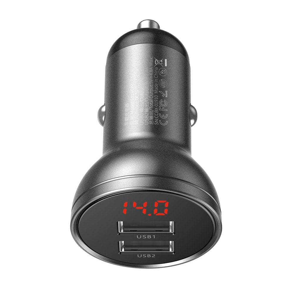 Baseus - Car Charger (CCBX-0G) - Digital Display, 2x USB-A, 24W - Gray