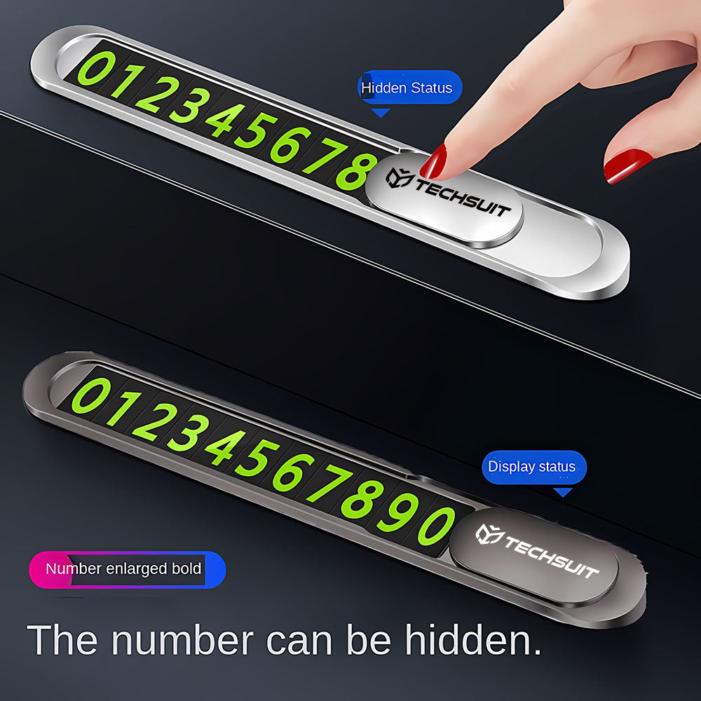 Techsuit - Premium Phone Number Plate (PNP1) - Temporary Parking Sign for Dashboard, Zinc Alloy, Removable Adhesive - Bl
