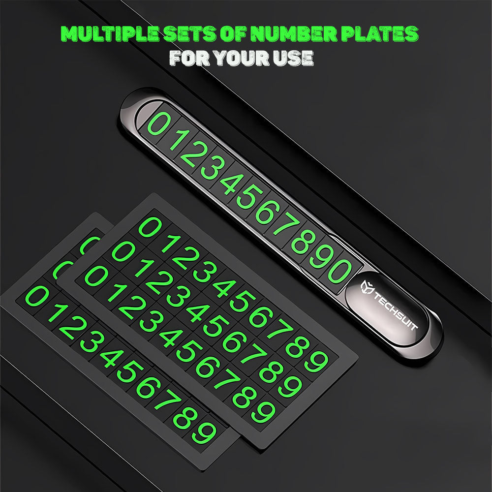 Techsuit - Premium Phone Number Plate (PNP1) - Temporary Parking Sign for Dashboard, Zinc Alloy, Removable Adhesive - Bl
