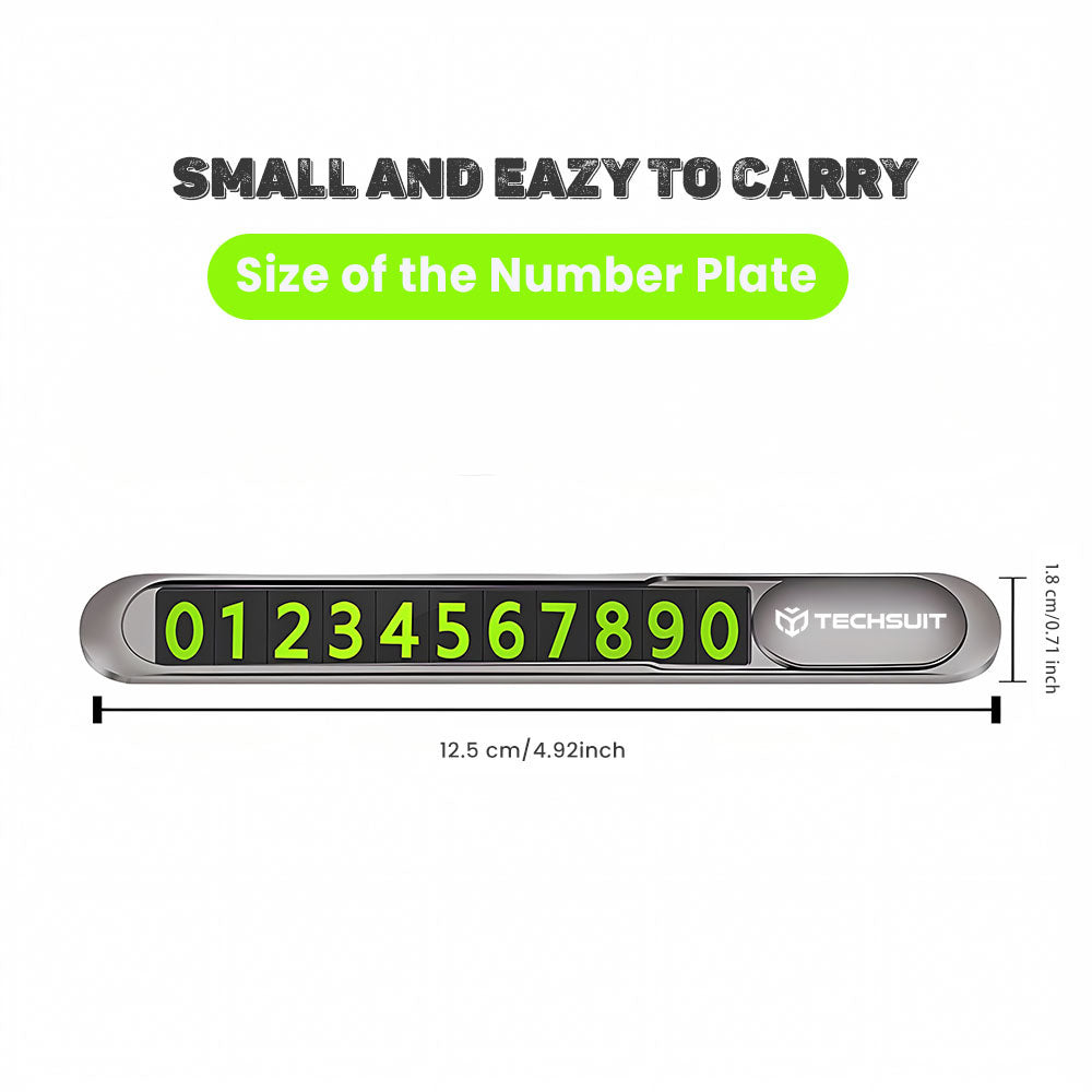 Techsuit - Premium Phone Number Plate (PNP1) - Temporary Parking Sign for Dashboard, Zinc Alloy, Removable Adhesive - Bl