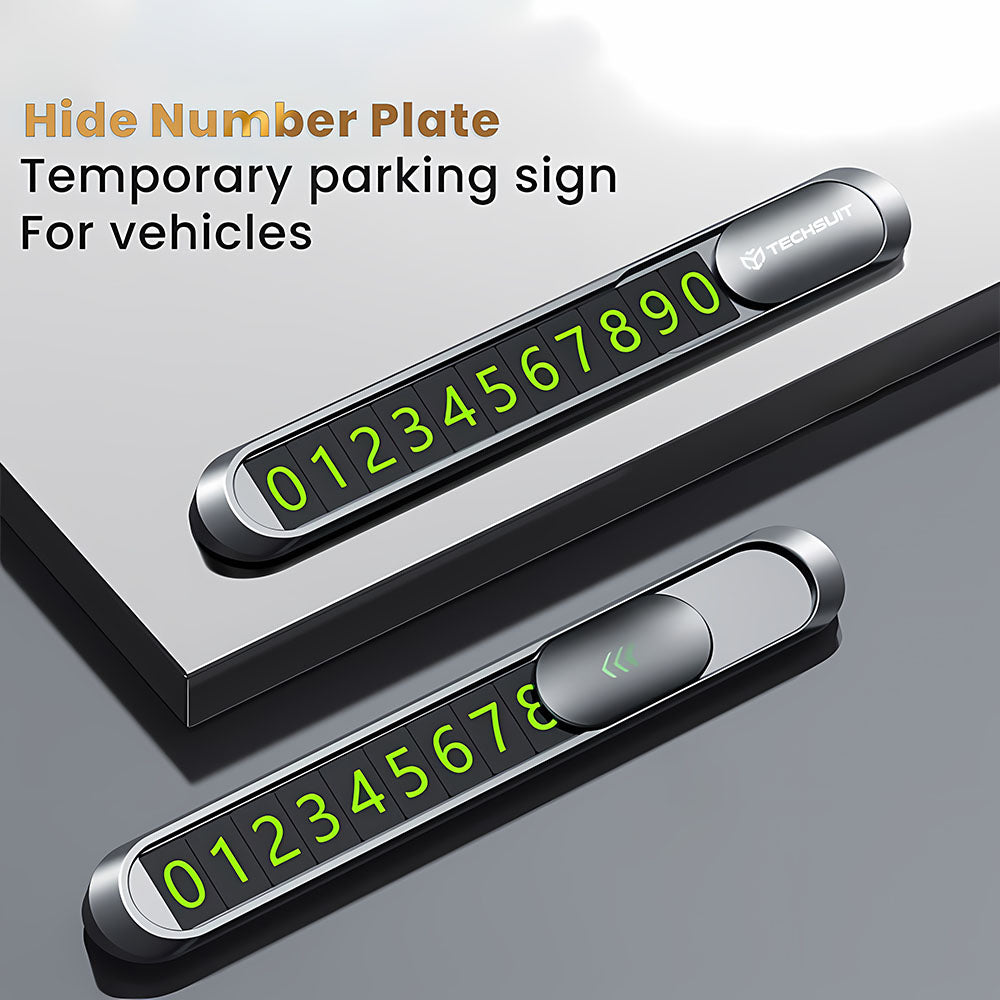 Techsuit - Premium Phone Number Plate (PNP1) - Temporary Parking Sign for Dashboard, Zinc Alloy, Removable Adhesive - Bl