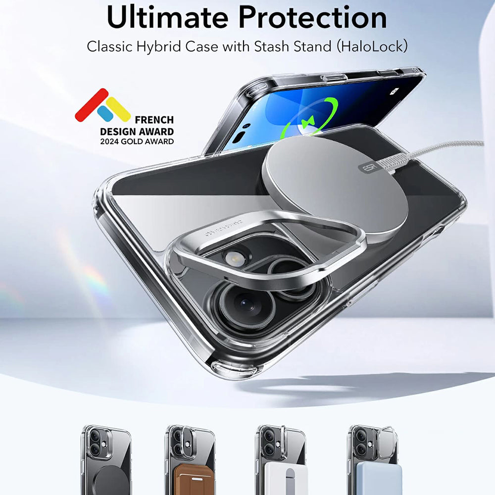 ESR - Classic Hybrid HaloLock Kickstand - iPhone 16 Plus - Clear Black