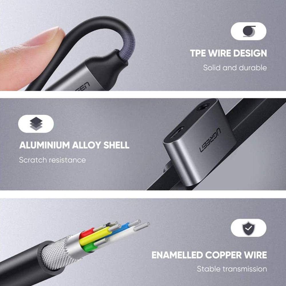 Ugreen - Adapter 2in1 CM193 (50596) - USB-C to Type-C, Jack 3.5mm - Grey