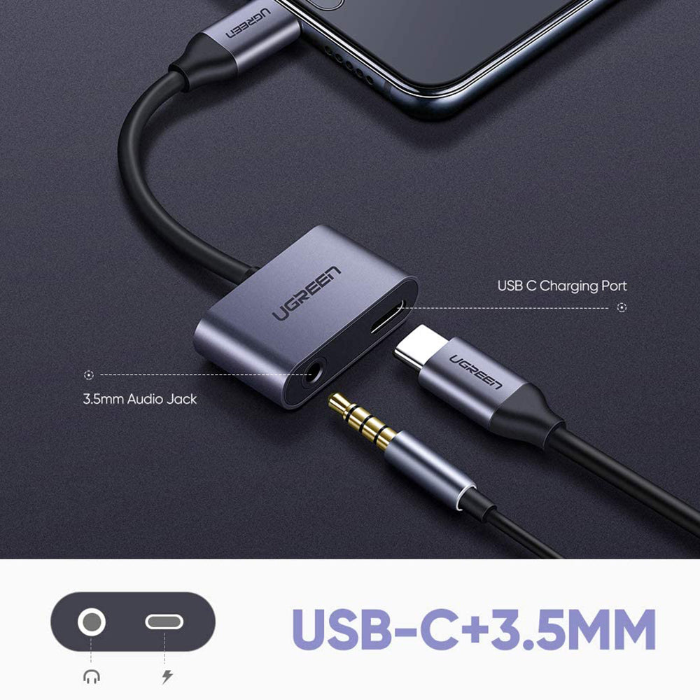 Ugreen - Adapter 2in1 CM193 (50596) - USB-C to Type-C, Jack 3.5mm - Grey