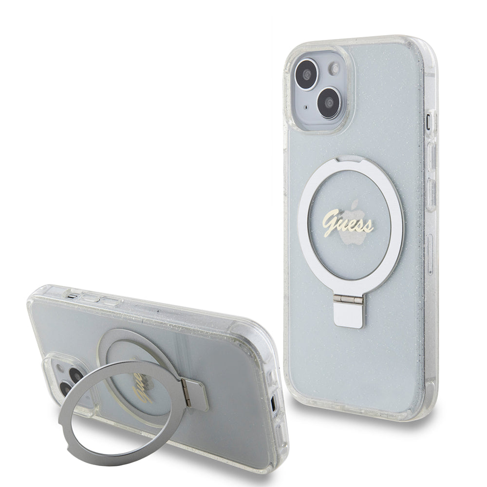 Guess - Ring Stand Script Glitter MagSafe (GUHMP15SHRSGSD) - iPhone 15 - Clear