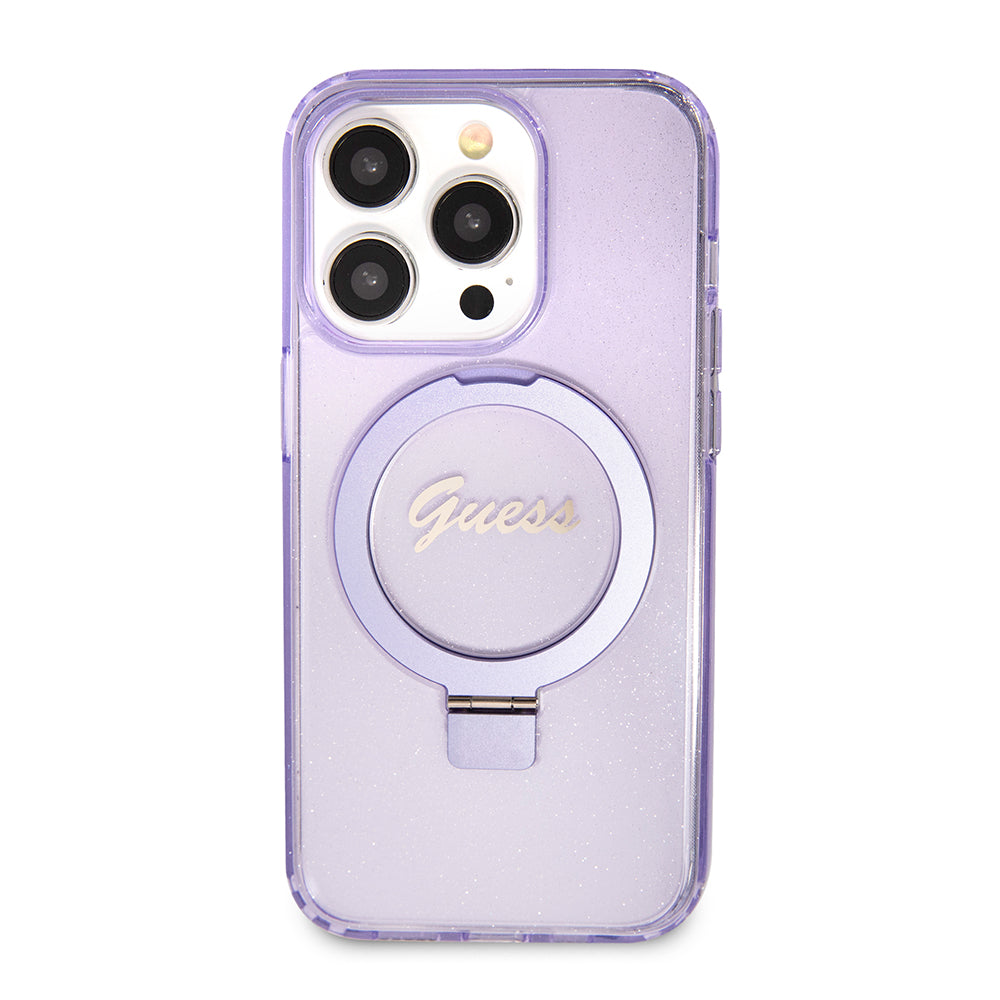 Guess - Ring Stand Script Glitter MagSafe - iPhone 15 Pro (GUHMP15LHRSGSU) - Purple