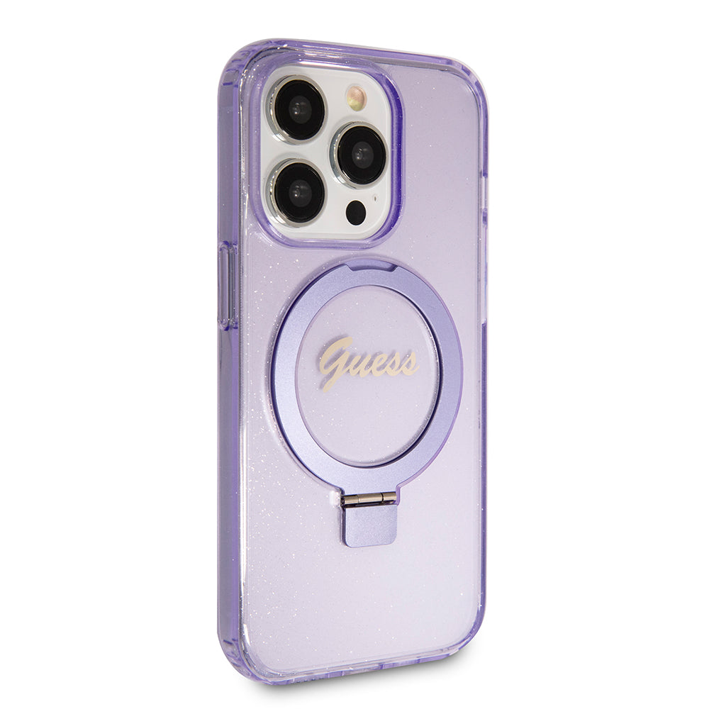 Guess - Ring Stand Script Glitter MagSafe - iPhone 15 Pro (GUHMP15LHRSGSU) - Purple