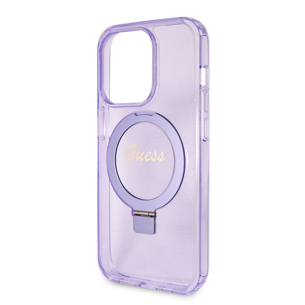 Guess - Ring Stand Script Glitter MagSafe - iPhone 15 Pro (GUHMP15LHRSGSU) - Purple