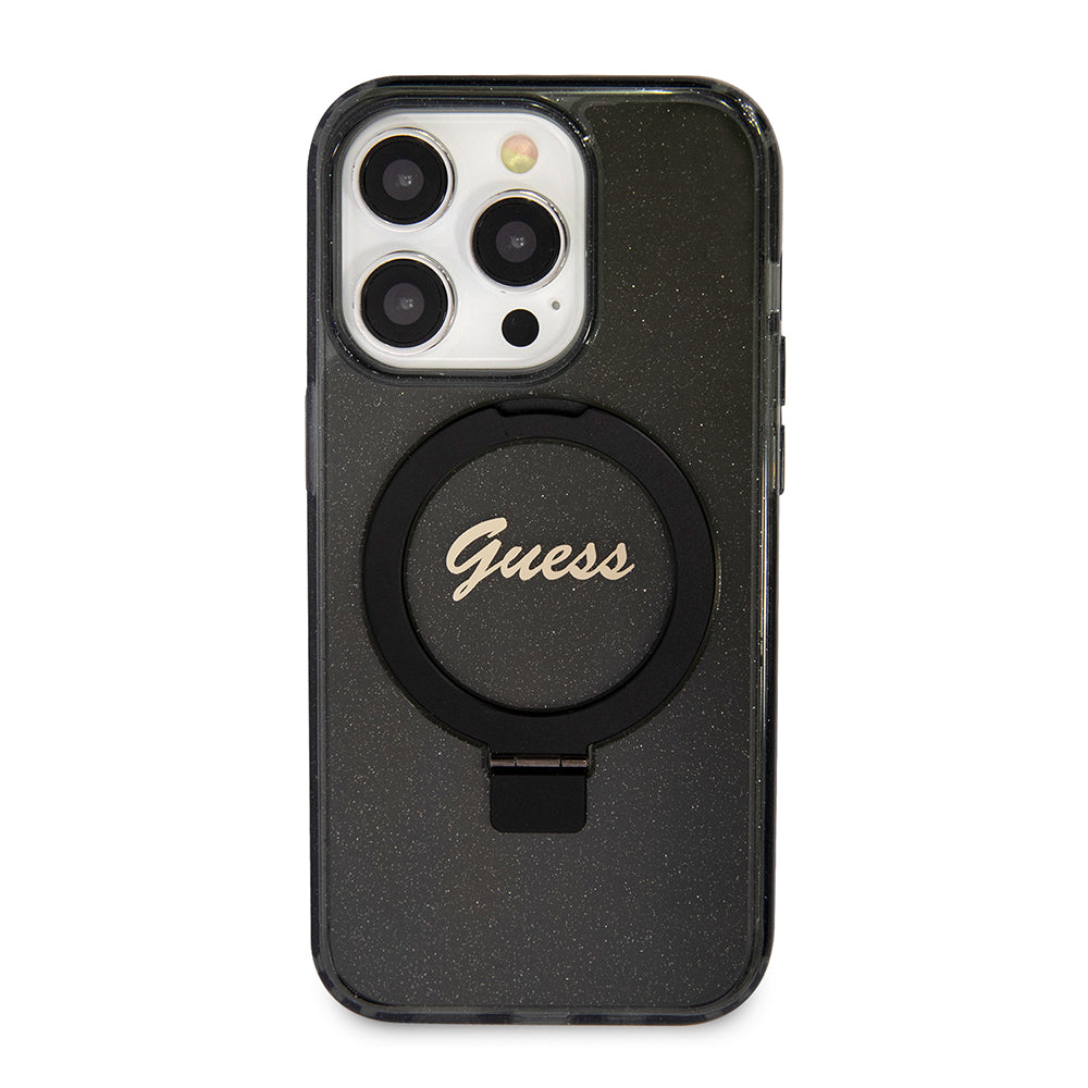 Guess - Ring Stand Script Glitter MagSafe (GUHMP15LHRSGSK) - iPhone 15 Pro - Black