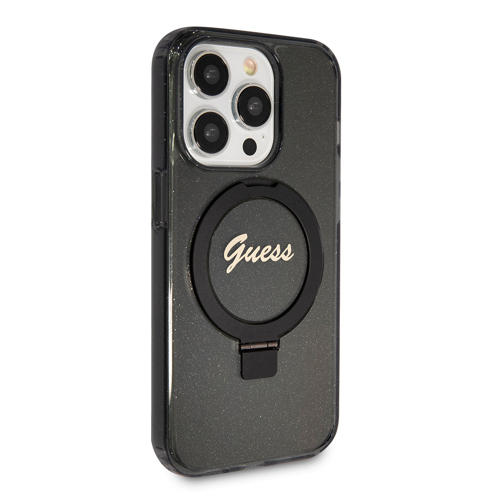 Guess - Ring Stand Script Glitter MagSafe (GUHMP15LHRSGSK) - iPhone 15 Pro - Black