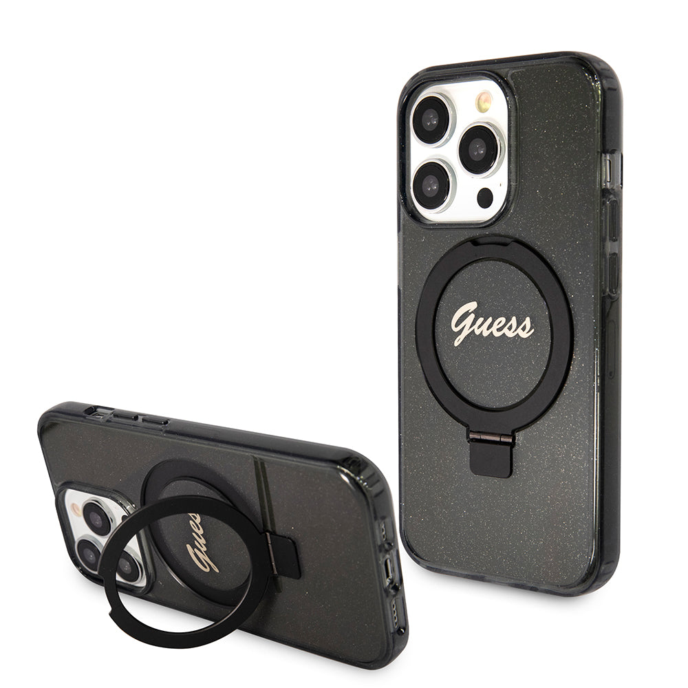 Guess - Ring Stand Script Glitter MagSafe (GUHMP15LHRSGSK) - iPhone 15 Pro - Black