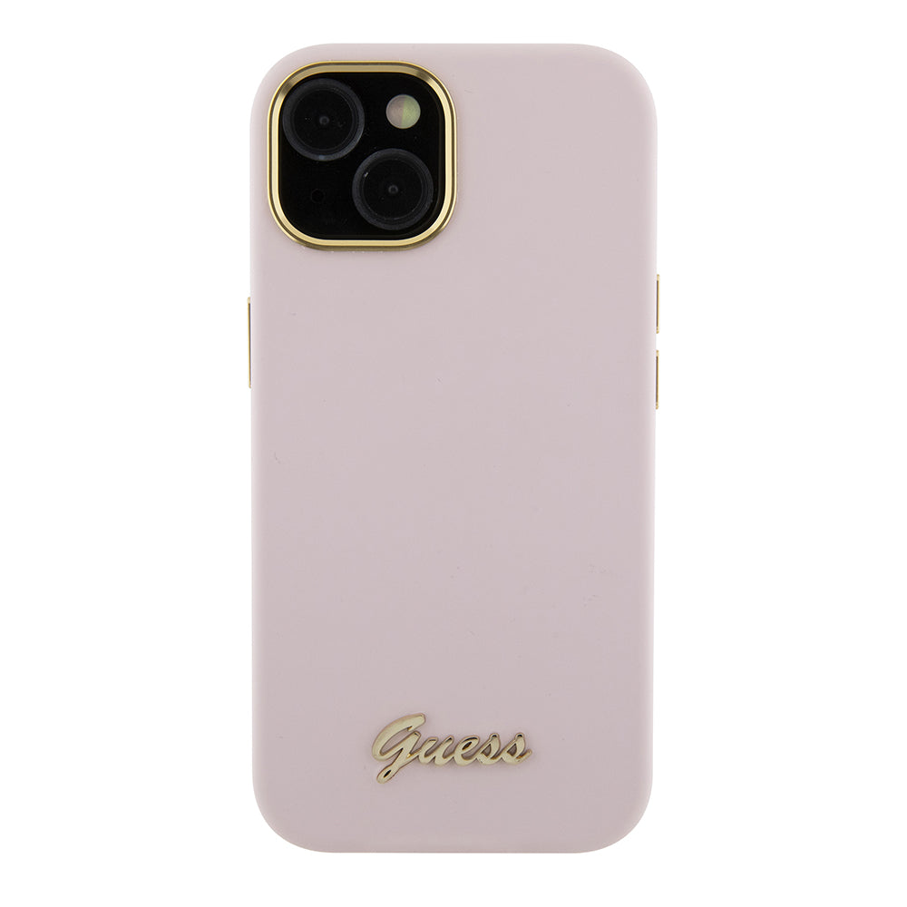 Husa pentru iPhone 15 - Guess Silicone Script Metal Logo & Frame (GUHCP15SSMBSLP) - Light Pink