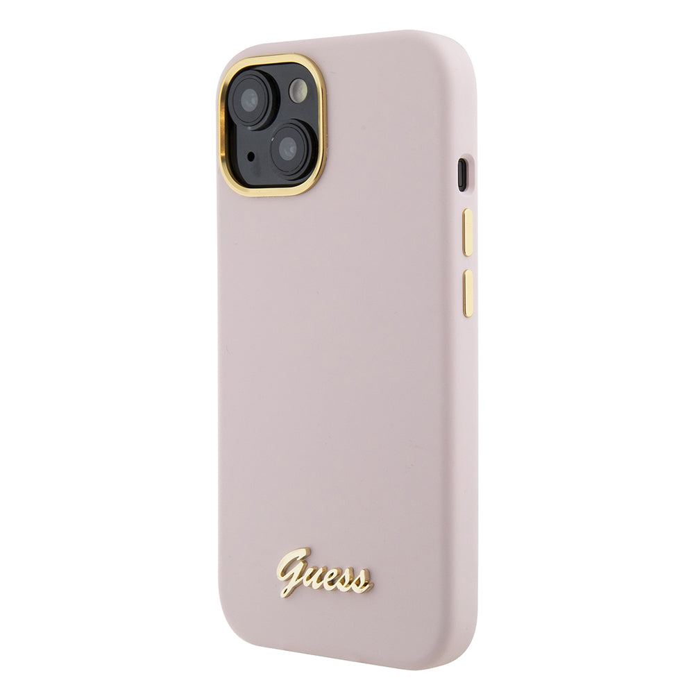Husa pentru iPhone 15 - Guess Silicone Script Metal Logo & Frame (GUHCP15SSMBSLP) - Light Pink