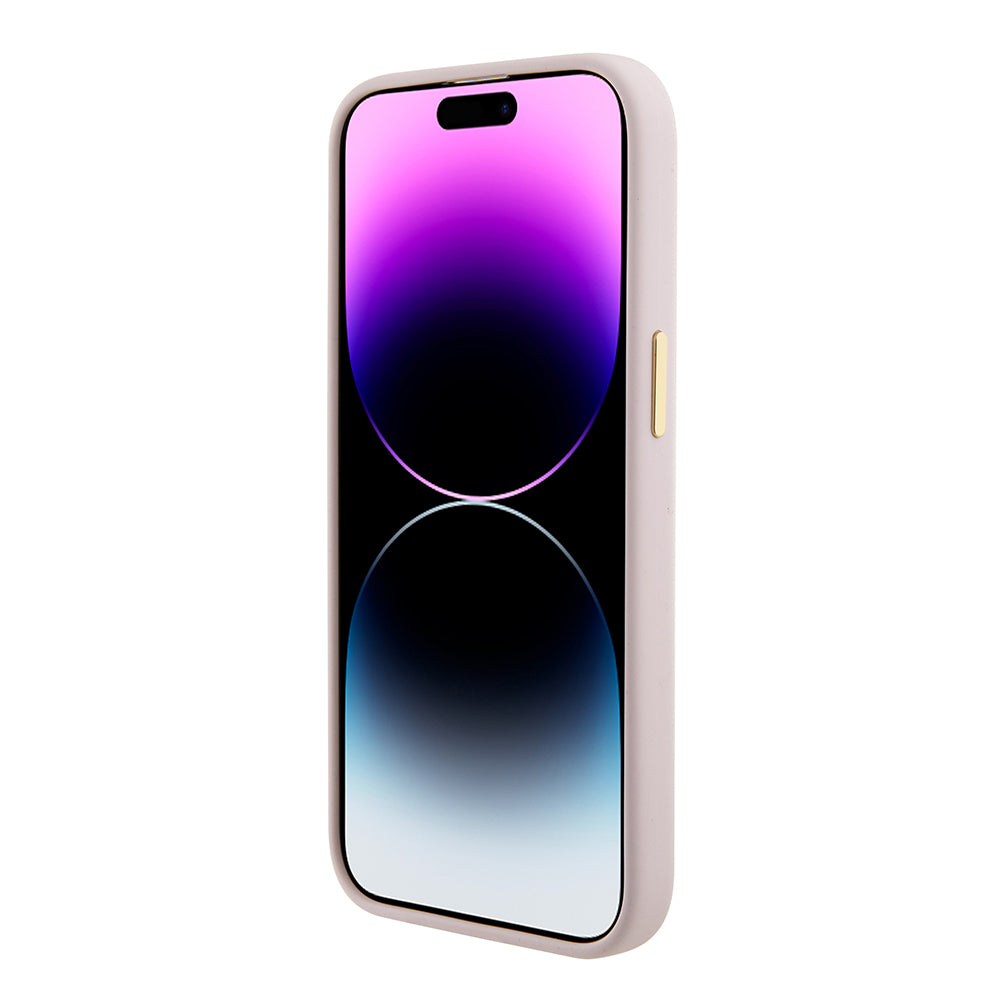 Husa pentru iPhone 15 - Guess Silicone Script Metal Logo & Frame (GUHCP15SSMBSLP) - Light Pink