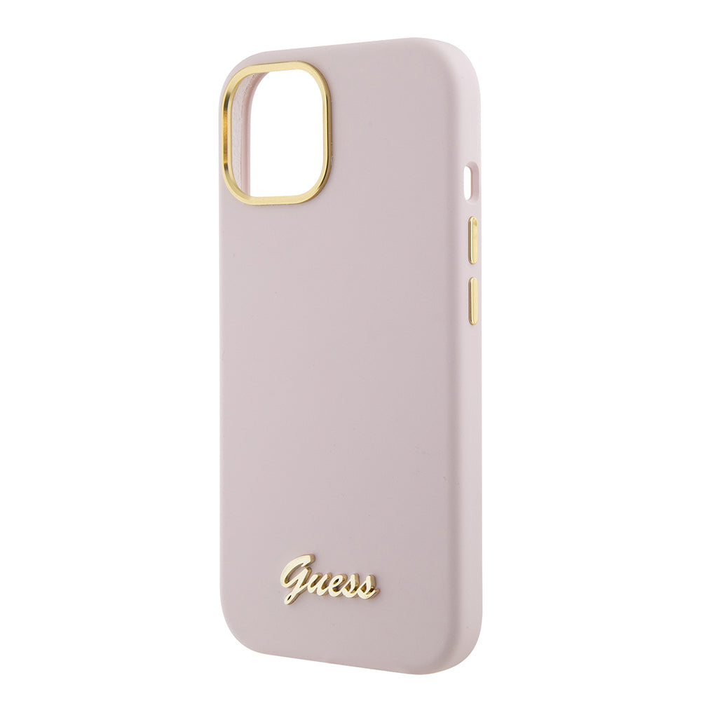 Husa pentru iPhone 15 - Guess Silicone Script Metal Logo & Frame (GUHCP15SSMBSLP) - Light Pink