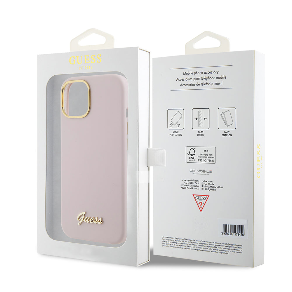 Husa pentru iPhone 15 - Guess Silicone Script Metal Logo & Frame (GUHCP15SSMBSLP) - Light Pink