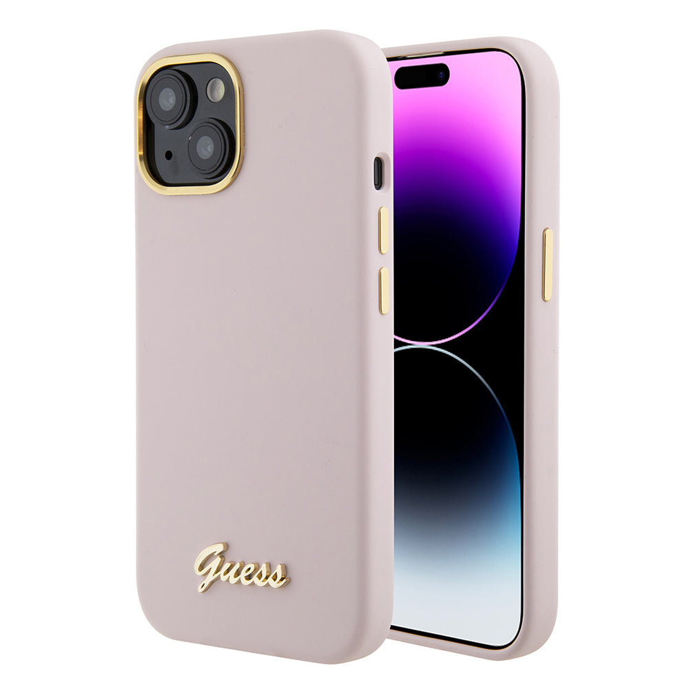 Husa pentru iPhone 15 - Guess Silicone Script Metal Logo & Frame (GUHCP15SSMBSLP) - Light Pink