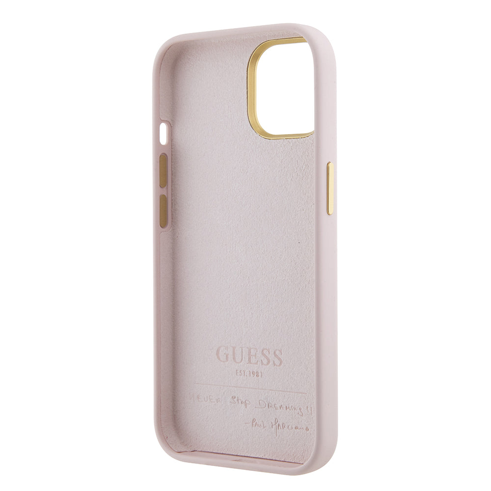 Husa pentru iPhone 15 - Guess Silicone Script Metal Logo & Frame (GUHCP15SSMBSLP) - Light Pink