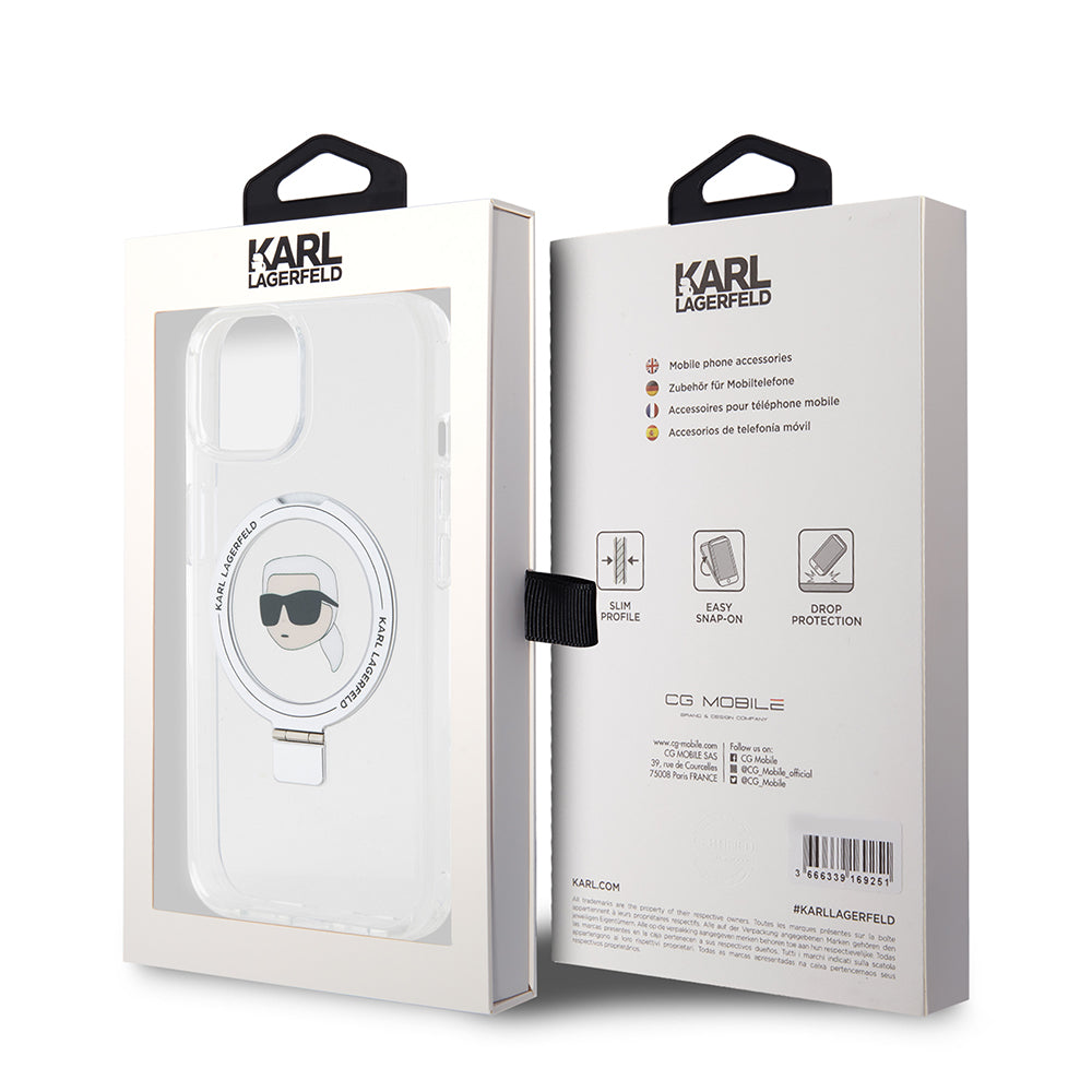 Karl Lagerfeld - Hardcase Ring Stand MagSafe (KLHMP15SHMRSKHH) - iPhone 15 - White Karl Head