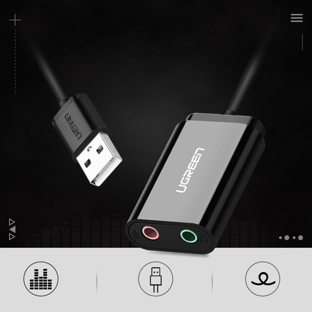 Ugreen - External Sound Adapter US205 (30724) - USB2.0 to Headphone Jack, Microphone Jack, Immersive Effects, 0.2m - Bla