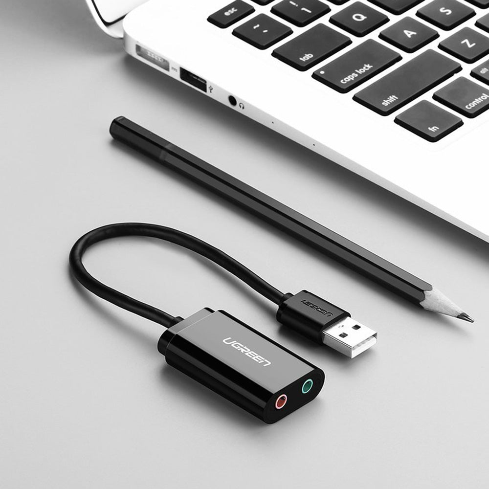 Ugreen - External Sound Adapter US205 (30724) - USB2.0 to Headphone Jack, Microphone Jack, Immersive Effects, 0.2m - Bla