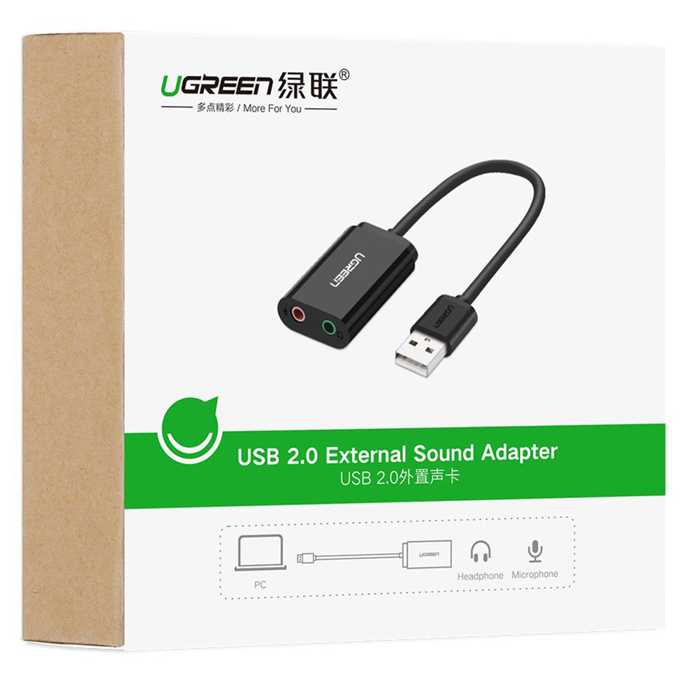 Ugreen - External Sound Adapter US205 (30724) - USB2.0 to Headphone Jack, Microphone Jack, Immersive Effects, 0.2m - Bla