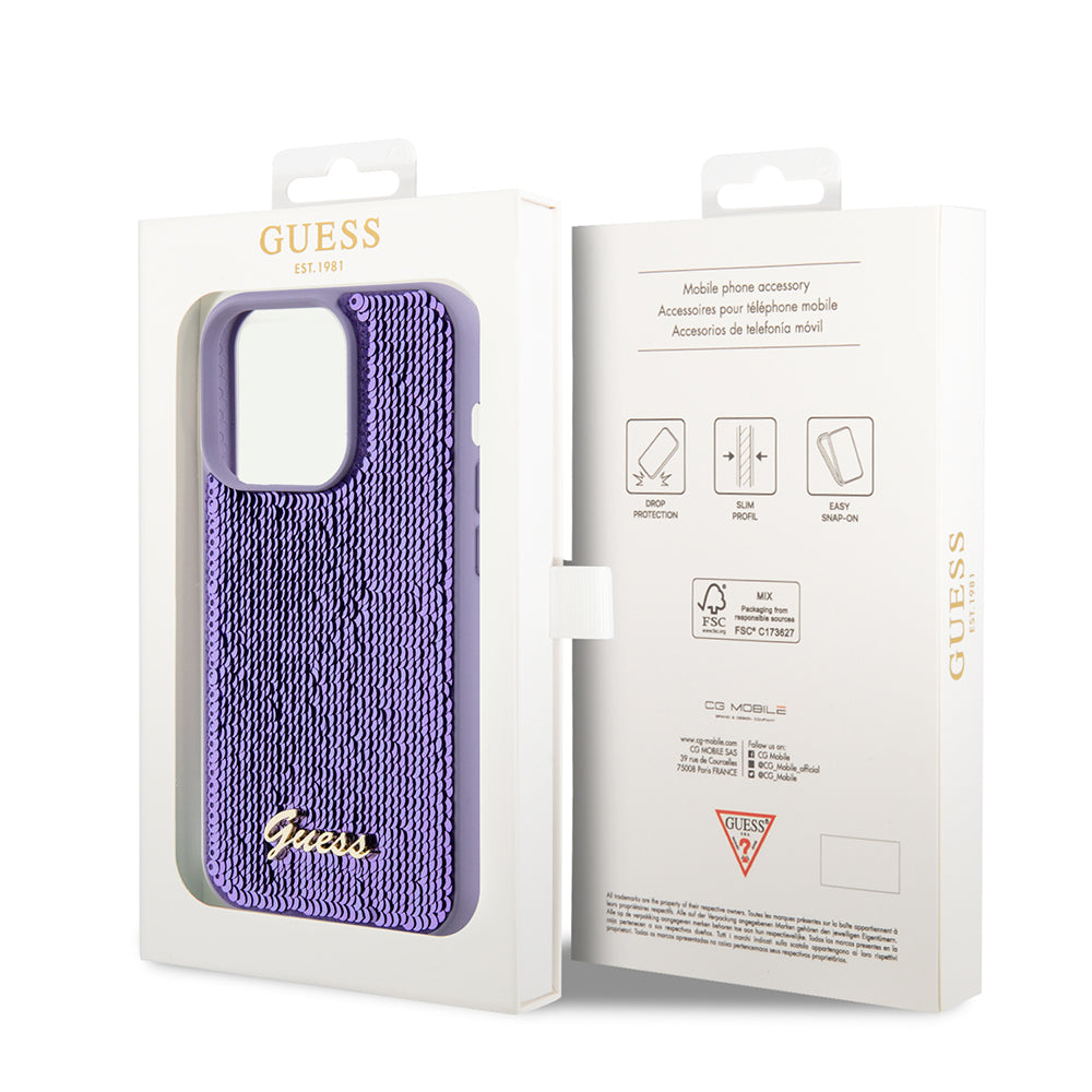 Guess - Sequin Script Metal (GUHCP15LPSFDGSU) - iPhone 15 Pro - Purple