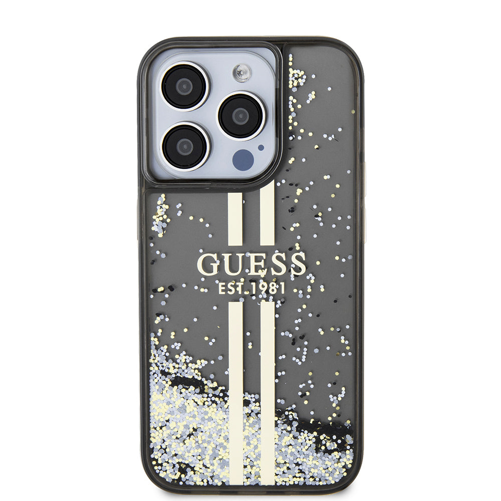 Guess - Liquid Glitter Gold Stripes (GUHCP15LLFCSEGK) - iPhone 15 Pro - Black