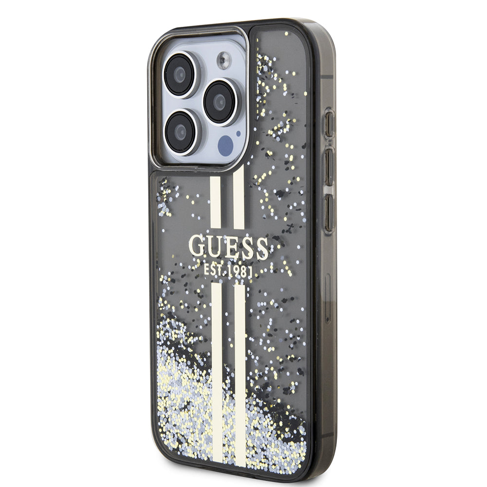 Guess - Liquid Glitter Gold Stripes (GUHCP15LLFCSEGK) - iPhone 15 Pro - Black