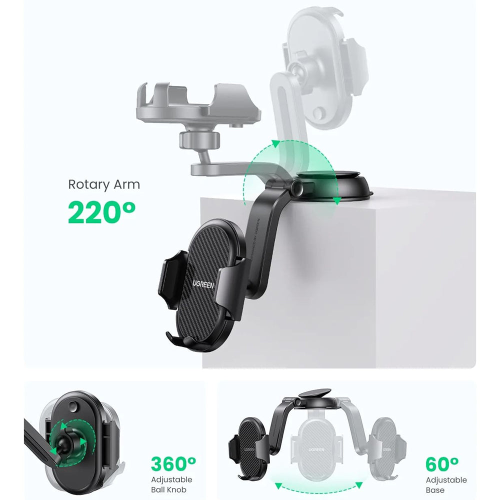 Ugreen - Car Holder LP405 (20473) - Waterfall-Shaped with Suction Cup for Dashboard, 360°, 4.7″- 7.2″ Phones - Black