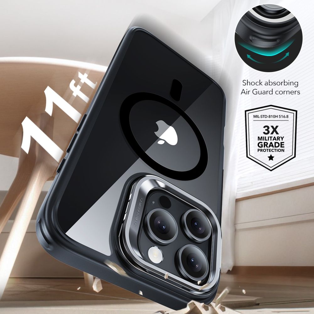 ESR - Classic Hybrid HaloLock Kickstand + Tempered Glass - iPhone 16 Pro - Clear Black