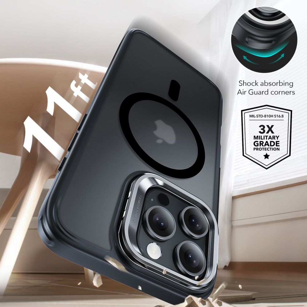 ESR - Classic Hybrid HaloLock Kickstand + Tempered Glass - iPhone 16 Pro Max - Frosted Black