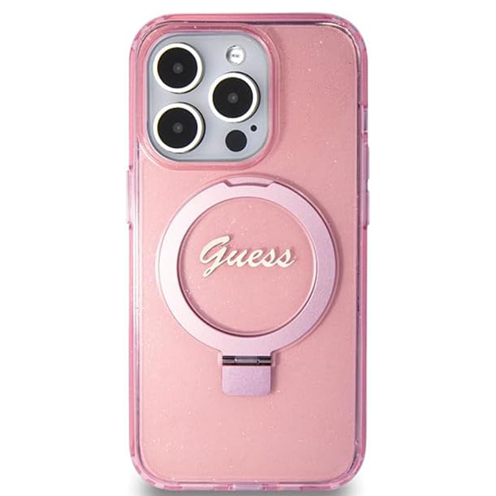 Guess - Ring Stand Script Glitter MagSafe (GUHMP15LHRSGSP) - iPhone 15 Pro - Pink
