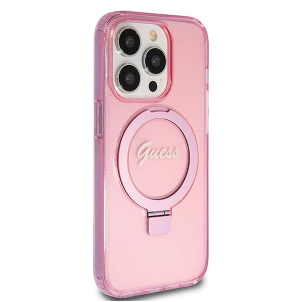 Guess - Ring Stand Script Glitter MagSafe (GUHMP15LHRSGSP) - iPhone 15 Pro - Pink