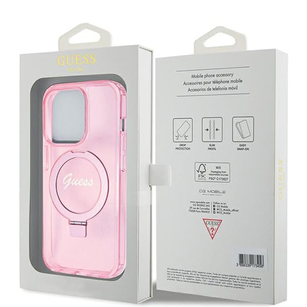Guess - Ring Stand Script Glitter MagSafe (GUHMP15LHRSGSP) - iPhone 15 Pro - Pink