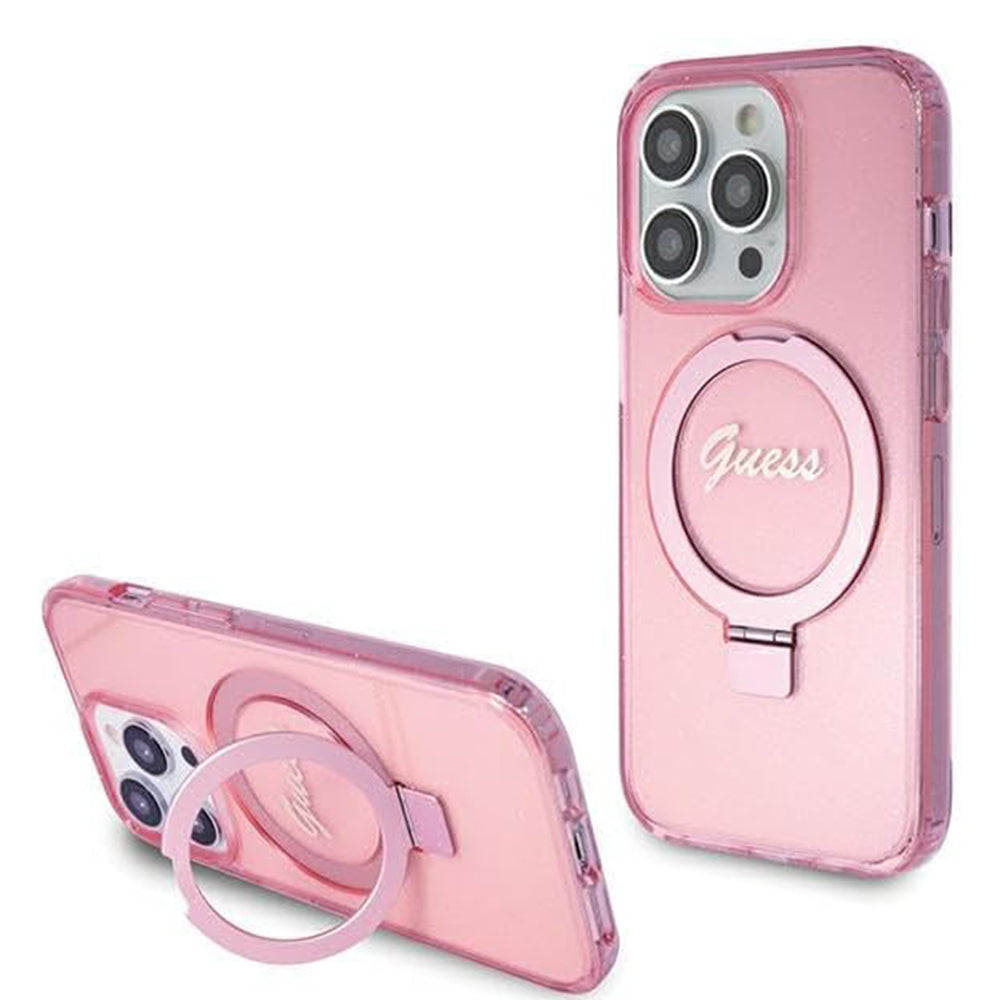 Guess - Ring Stand Script Glitter MagSafe (GUHMP15LHRSGSP) - iPhone 15 Pro - Pink