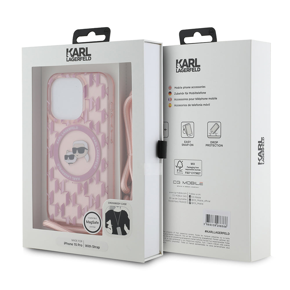 Karl Lagerfeld - IML Crossbody MagSafe (KLHMP15LHCKCKLCP) - iPhone 15 Pro - Pink Monogram Karl&Choupette Head