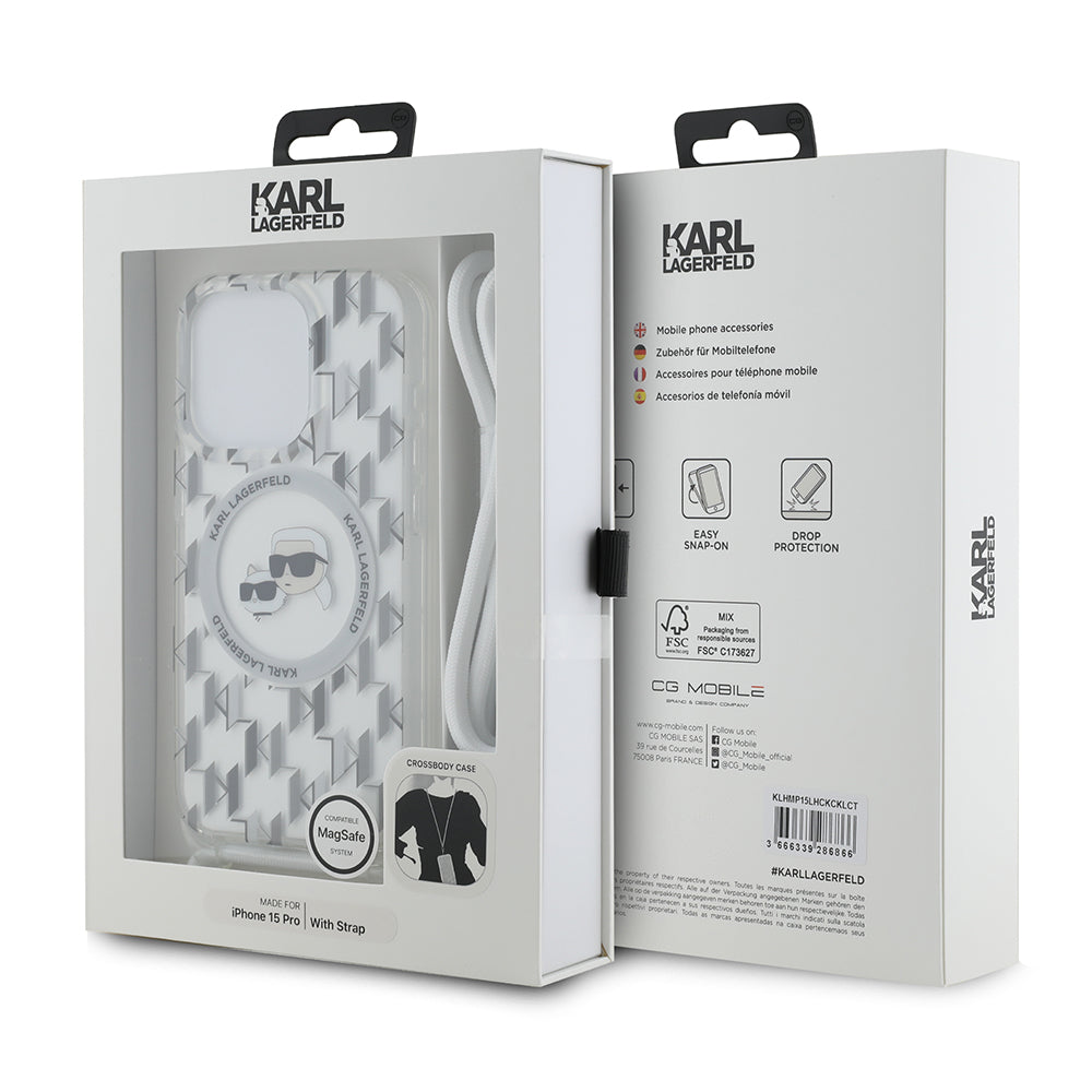 Karl Lagerfeld - IML Crossbody MagSafe (KLHMP15LHCKCKLCT) - iPhone 15 Pro - Transparent Monogram Karl&Choupette Head