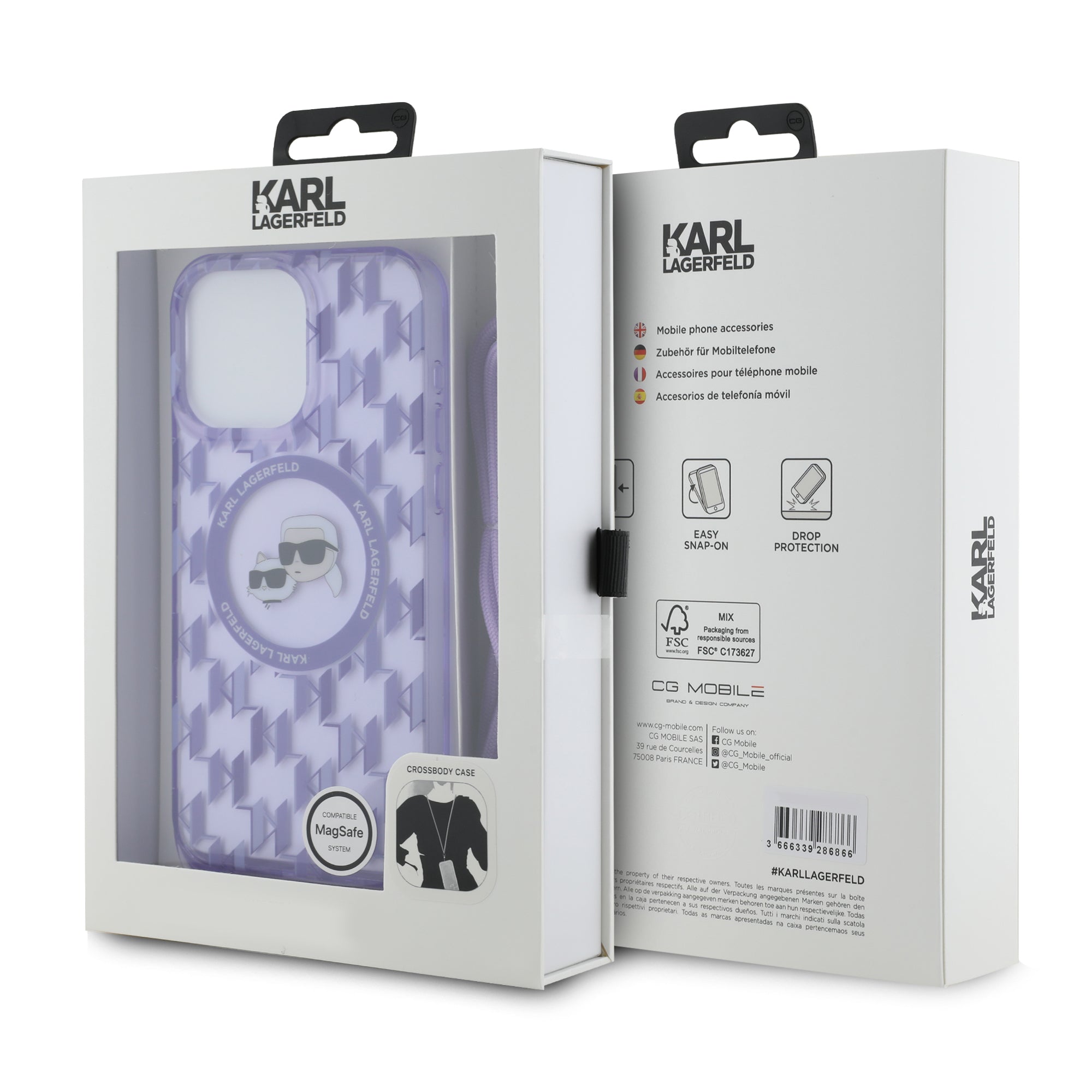 Karl Lagerfeld - IML Crossbody MagSafe (KLHMP15LHCKCKLCU) - iPhone 15 Pro - Purple Monogram Karl&Choupette Head