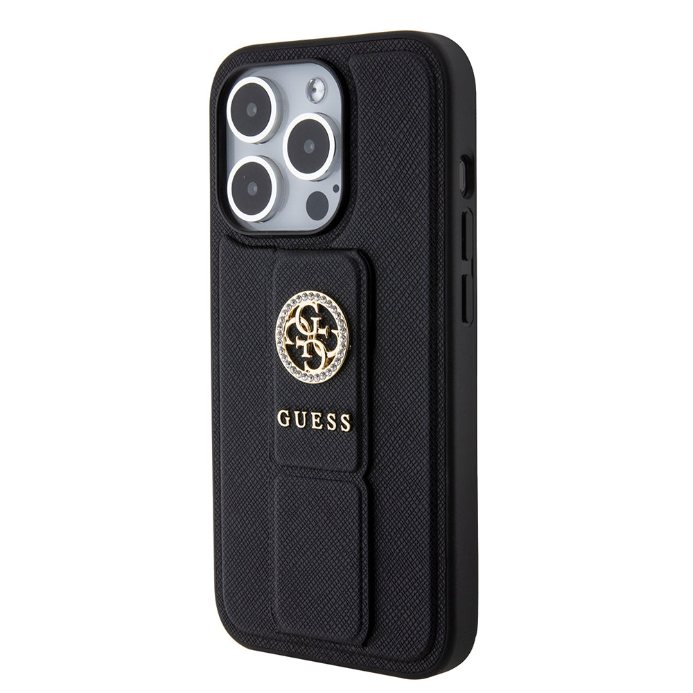 Guess - Grip Stand 4G Saffiano Strass - iPhone 15 Pro Max (GUHCP15XPGSSADK) - Black