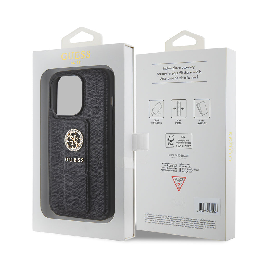 Guess - Grip Stand 4G Saffiano Strass - iPhone 15 Pro Max (GUHCP15XPGSSADK) - Black