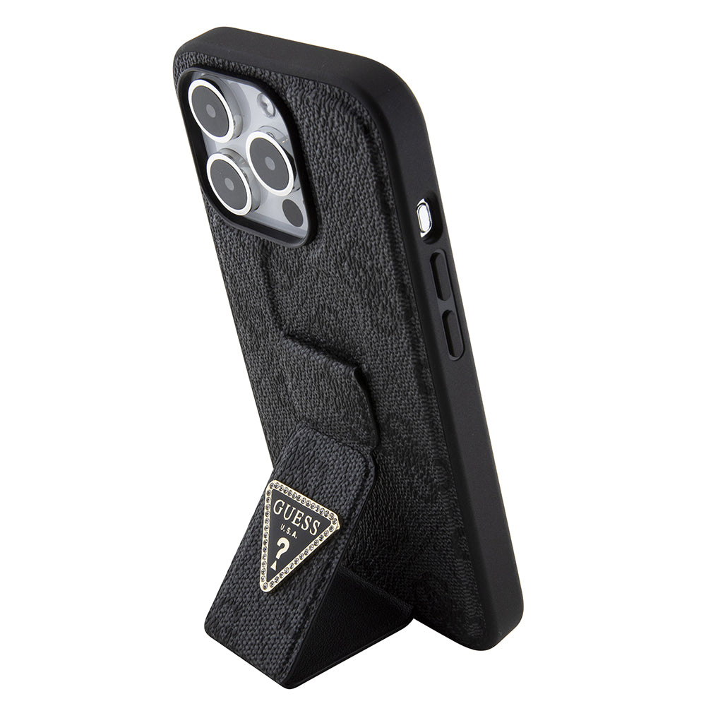 Guess Husa de protectie Guess Grip Stand 4G Triangle Strass (GUHCP15XPGS4TDK) compatibil cu iPhone 15 Pro Max, Negru – i