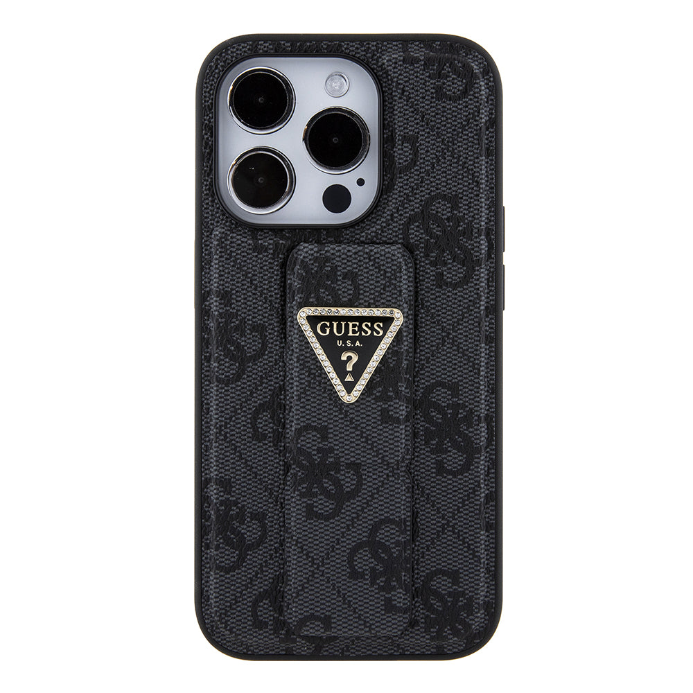 Guess Husa de protectie Guess Grip Stand 4G Triangle Strass (GUHCP15XPGS4TDK) compatibil cu iPhone 15 Pro Max, Negru – i