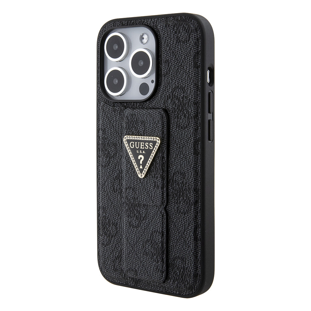 Guess Husa de protectie Guess Grip Stand 4G Triangle Strass (GUHCP15XPGS4TDK) compatibil cu iPhone 15 Pro Max, Negru – i