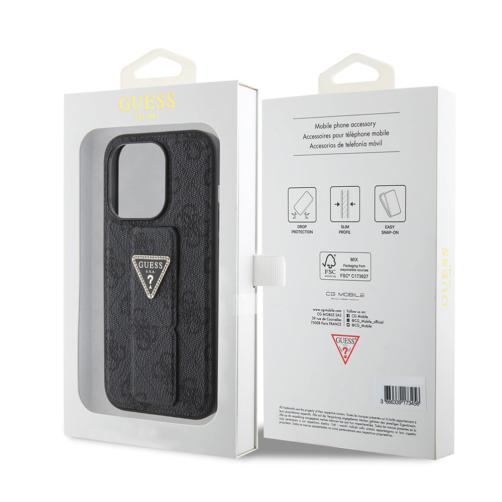 Guess Husa de protectie Guess Grip Stand 4G Triangle Strass (GUHCP15XPGS4TDK) compatibil cu iPhone 15 Pro Max, Negru – i