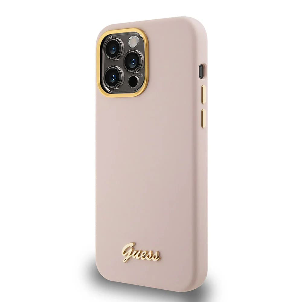 Husa pentru iPhone 15 Pro - Guess Silicone Script Metal Logo & Frame (GUHCP15LSMBSLP) - Light Pink