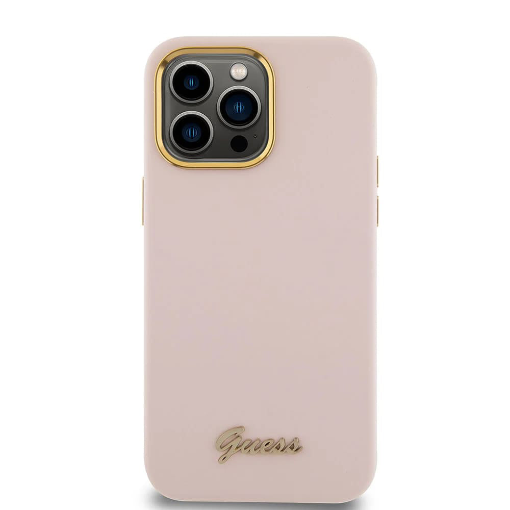 Husa pentru iPhone 15 Pro - Guess Silicone Script Metal Logo & Frame (GUHCP15LSMBSLP) - Light Pink