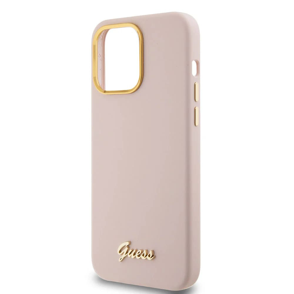 Husa pentru iPhone 15 Pro - Guess Silicone Script Metal Logo & Frame (GUHCP15LSMBSLP) - Light Pink