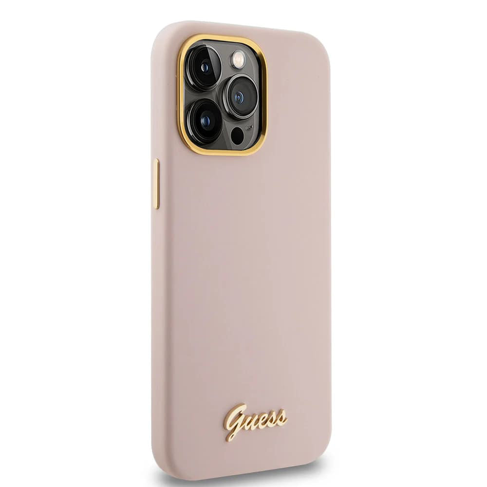 Husa pentru iPhone 15 Pro - Guess Silicone Script Metal Logo & Frame (GUHCP15LSMBSLP) - Light Pink