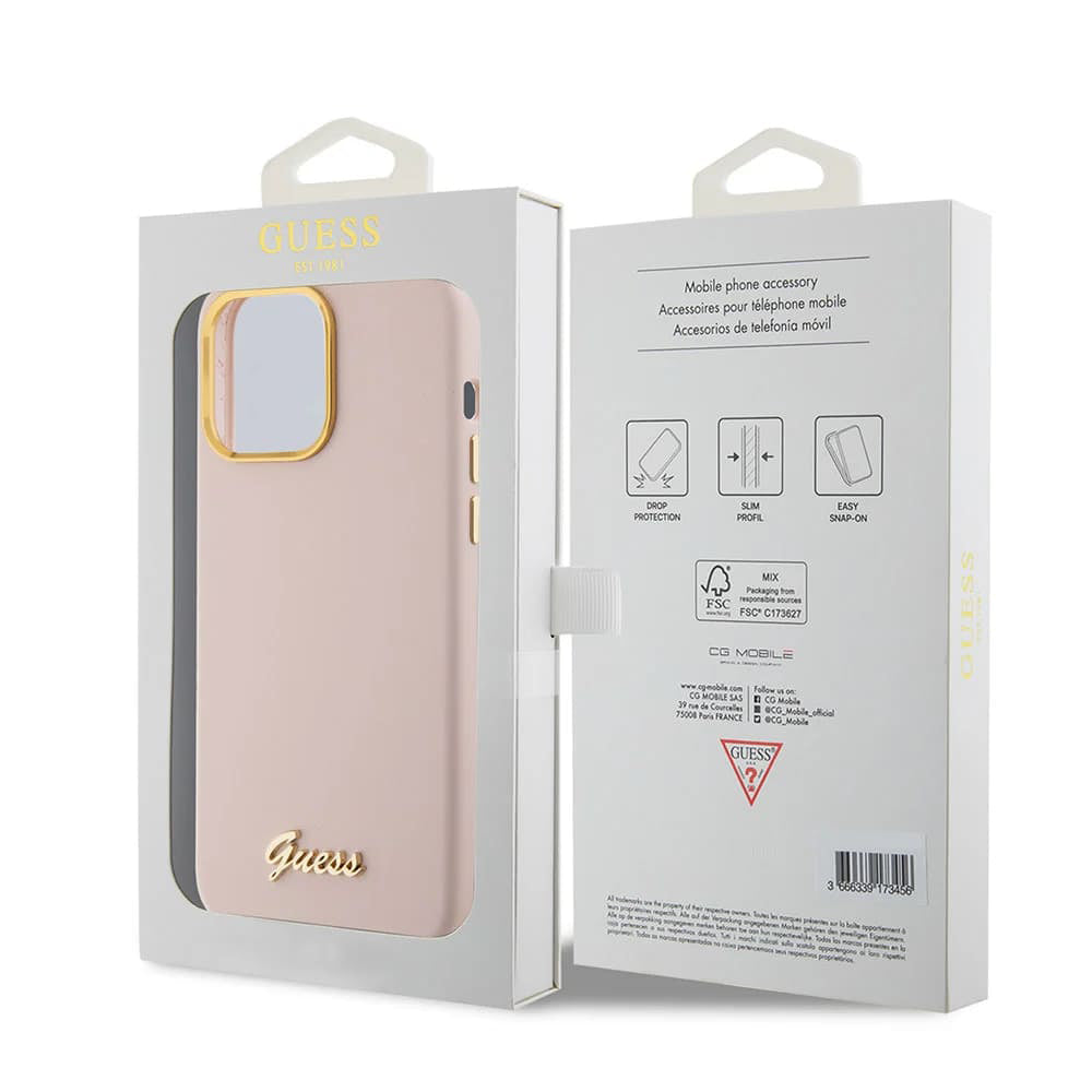 Husa pentru iPhone 15 Pro - Guess Silicone Script Metal Logo & Frame (GUHCP15LSMBSLP) - Light Pink